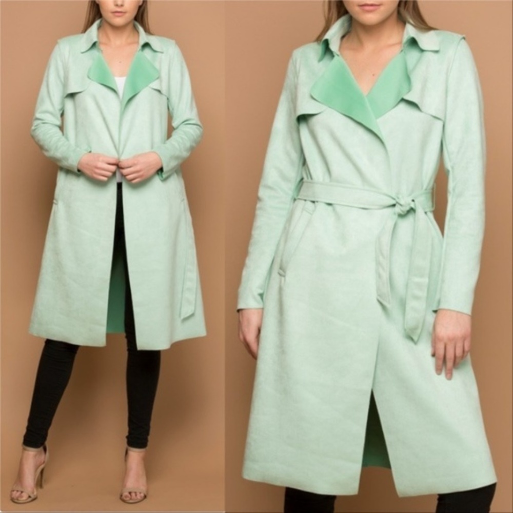 PATRICIA Suede Trench Jacket Coat - Mint Green - Picture 3 of 6